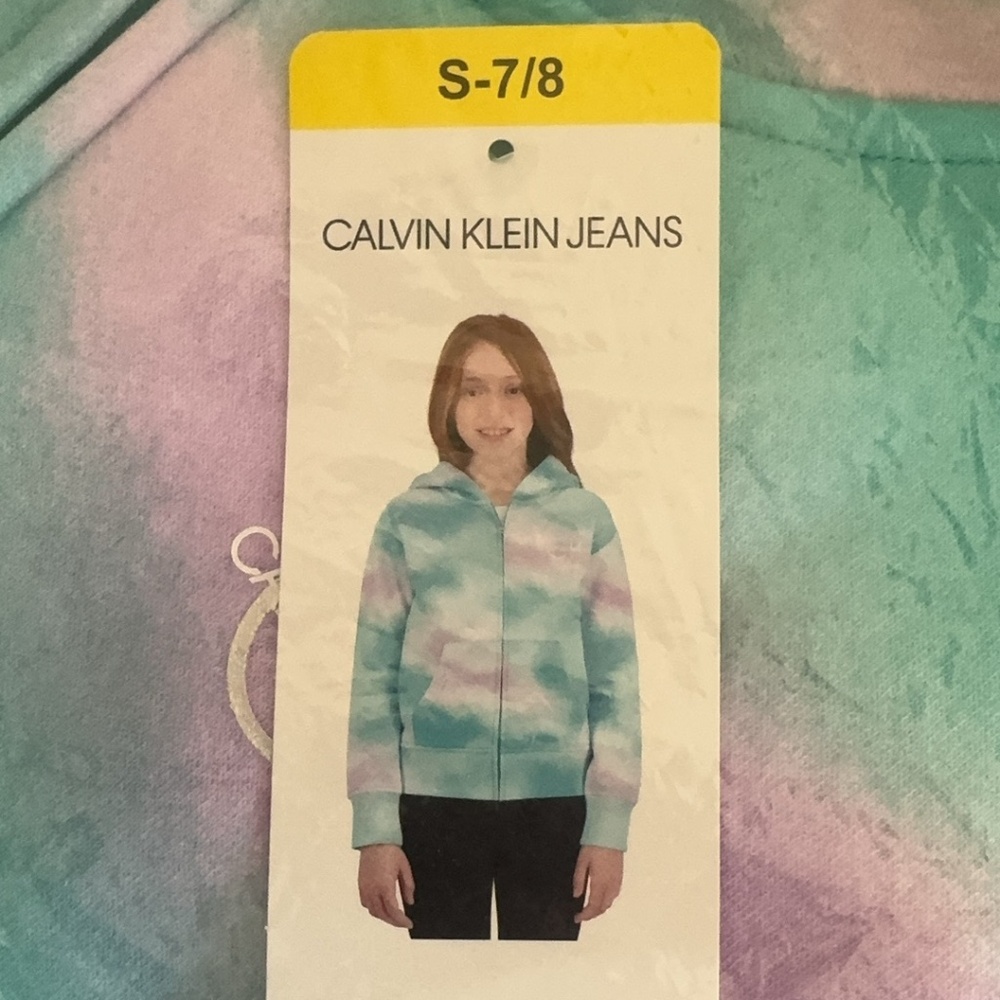 Calvin Klein Jeans Hoodie Girls S small 7/8 Full Zip Tie Dye Green Pink Teen